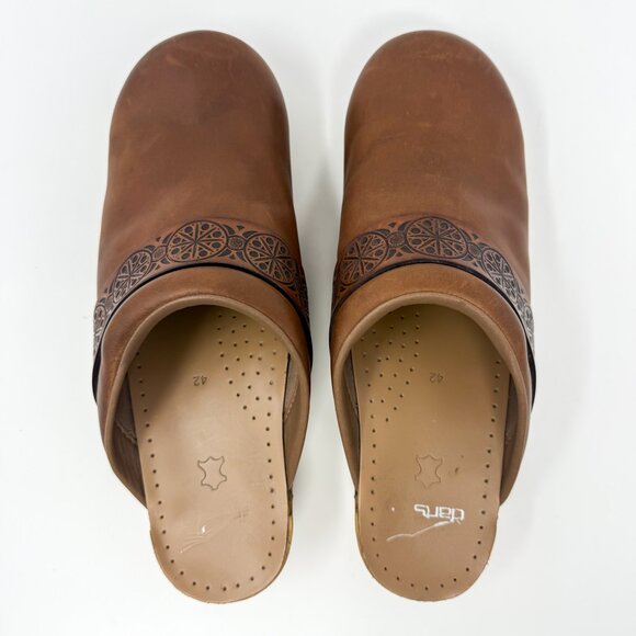 Dansko Saundra Brown Leather Embossed Clogs Mules Women's 42 Scandinavian Style - Picture 4 of 12